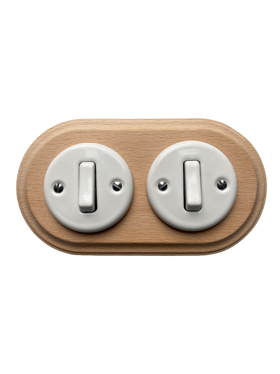 Wooden Frame Double Porcelain Light Switch Loft Retro 1-gang Two-way Flush-Mounting Vintage Cottage Ceramic Natural Wood With White