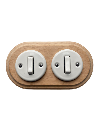 Wooden Frame Double Porcelain Light Switch Loft Retro 1-gang Two-way Flush-Mounting Vintage Cottage Ceramic Natural Wood With White