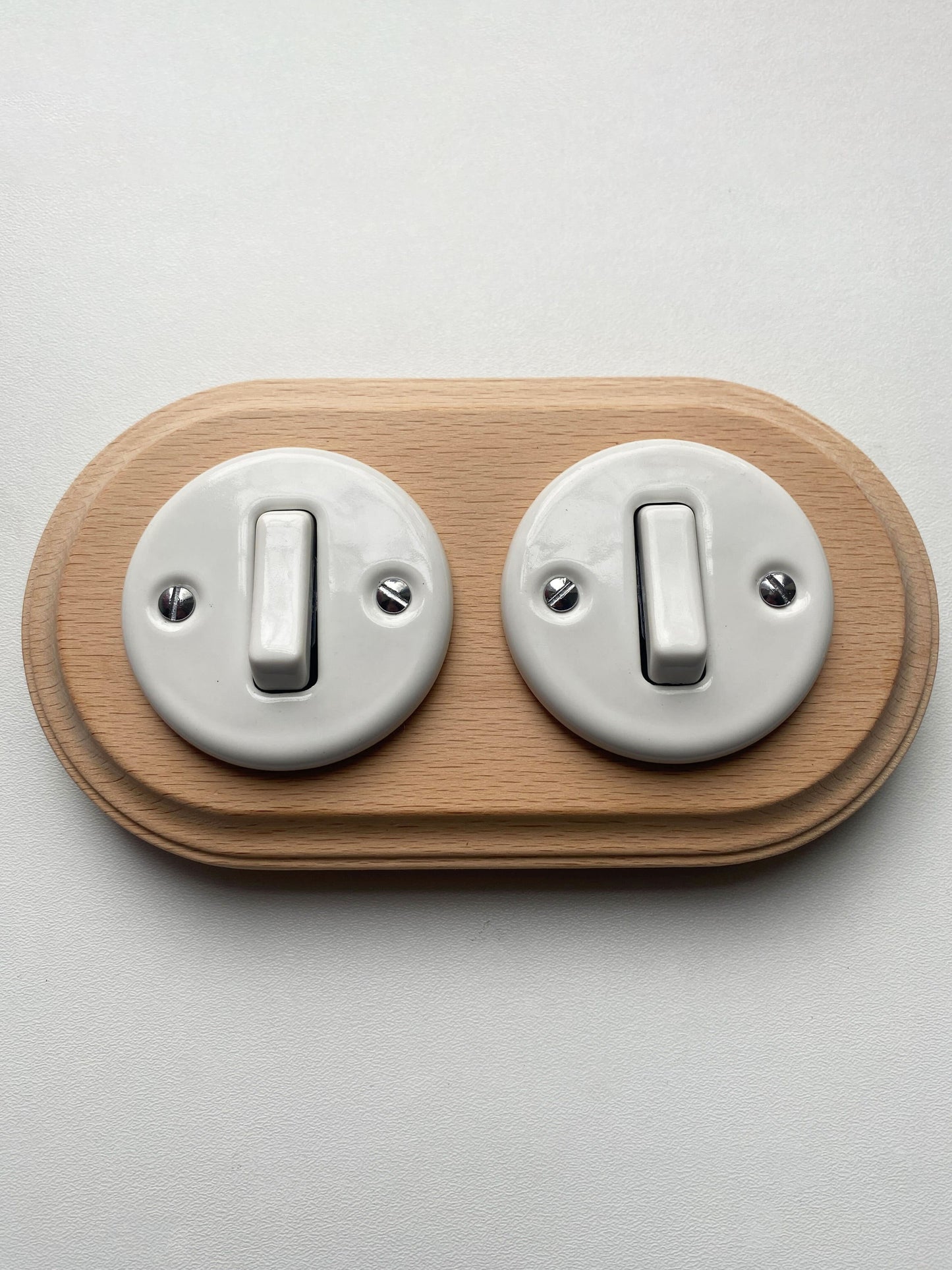 Wooden Frame Double Porcelain Light Switch Loft Retro 1-gang Two-way Flush-Mounting Vintage Cottage Ceramic Natural Wood With White