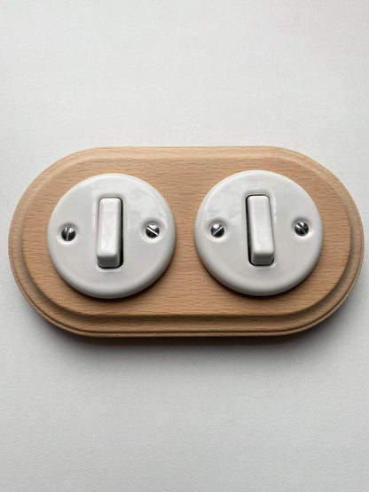 Wooden Frame Double Porcelain Light Switch Loft Retro 1-gang Two-way Flush-Mounting Vintage Cottage Ceramic Natural Wood With White