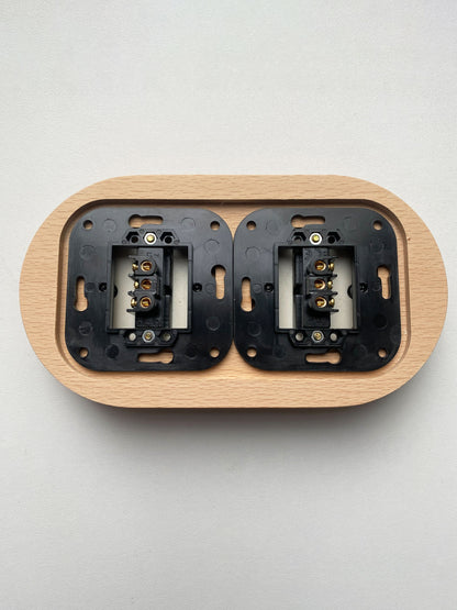 Wooden Frame Double Porcelain Light Switch Loft Retro 1-gang Two-way Flush-Mounting Vintage Cottage Ceramic Natural Wood With White