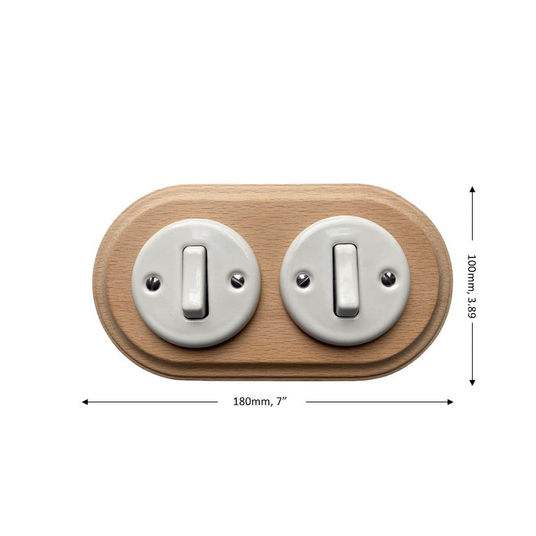 Wooden Frame Double Porcelain Light Switch Loft Retro 1-gang Two-way Flush-Mounting Vintage Cottage Ceramic Natural Wood With White