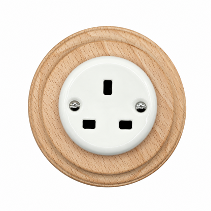 Flush Mount UK Plug Socket (Type G) – Single 3-Pin Grounded Outlet in White Porcelain & Light Wood