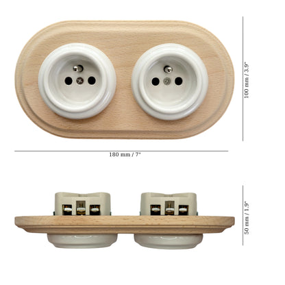Flush Mount French Socket (Type E) – Double Outlet with Earth Pin in White Porcelain & Light Wood
