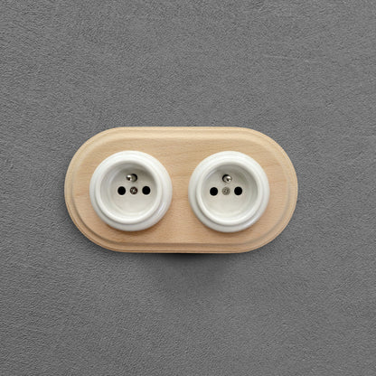 Flush Mount French Socket (Type E) – Double Outlet with Earth Pin in White Porcelain & Light Wood