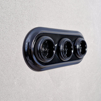 Triple Power Socket Porcelain Loft Retro Electrical German Schuko Flush-Mounting Vintage Cottage Ceramic Black