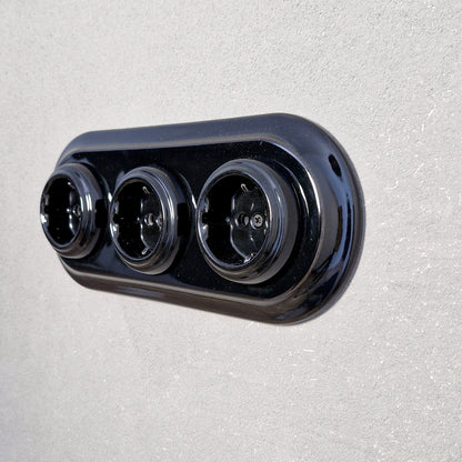 Triple Power Socket Porcelain Loft Retro Electrical German Schuko Flush-Mounting Vintage Cottage Ceramic Black