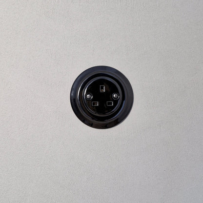 Power Socket Plug Porcelain UK 3 Prong Loft Retro Electrical Flush Mounted Vintage Cottage Black Ceramic