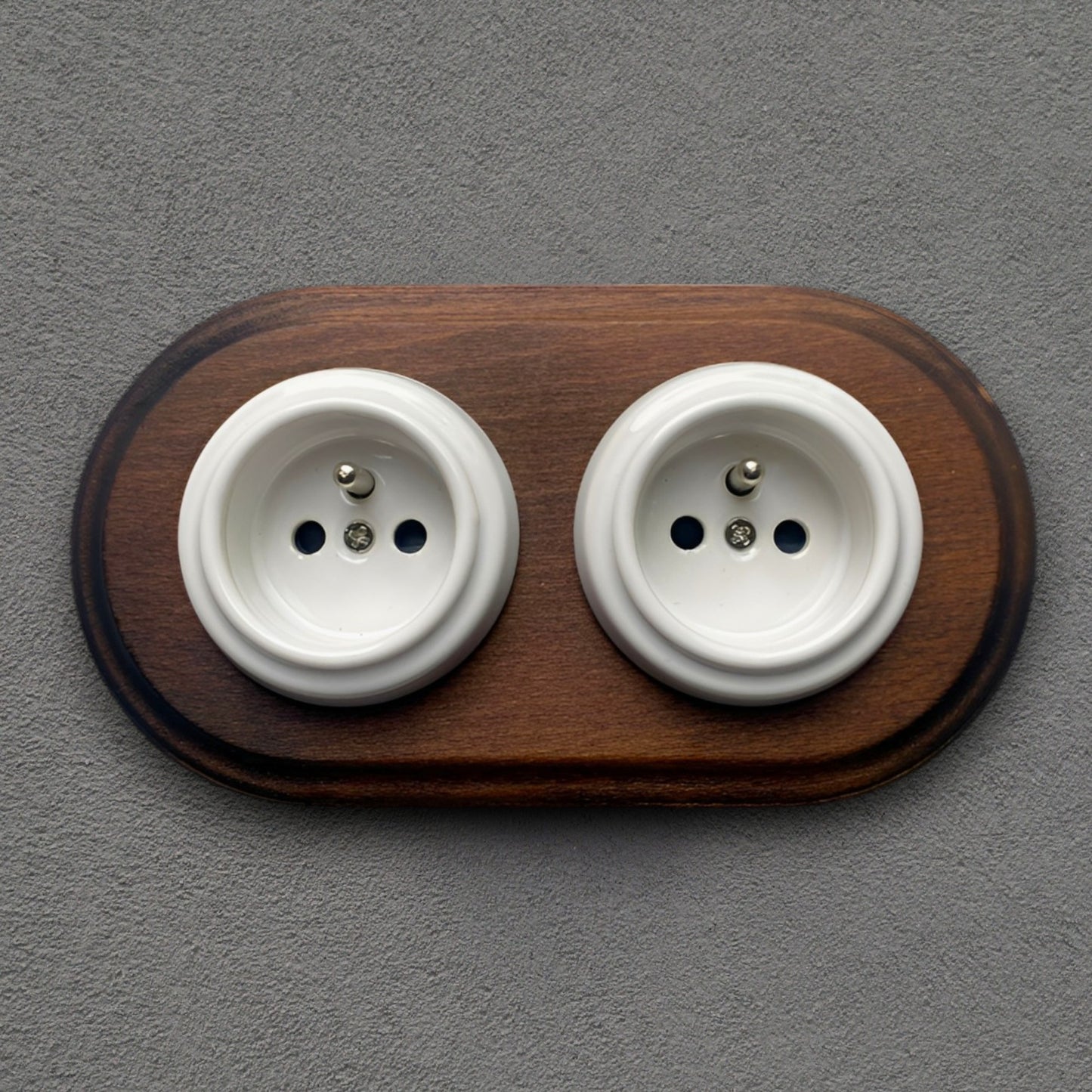 Wooden Frame Double French Power Socket Porcelain Loft Retro Electrical Flush-Mounting Vintage Cottage Ceramic Dark Brown With White