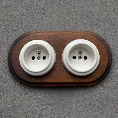 Wooden Frame Double French Power Socket Porcelain Loft Retro Electrical Flush-Mounting Vintage Cottage Ceramic Dark Brown With White