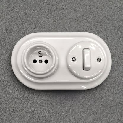 Retro Style Ceramic French Socket with A Switch – Retro Loft Style | Vintage Design, Flush-Mounted White