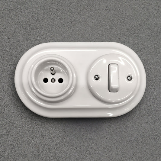 Retro Style Ceramic French Socket with A Switch – Retro Loft Style | Vintage Design, Flush-Mounted White