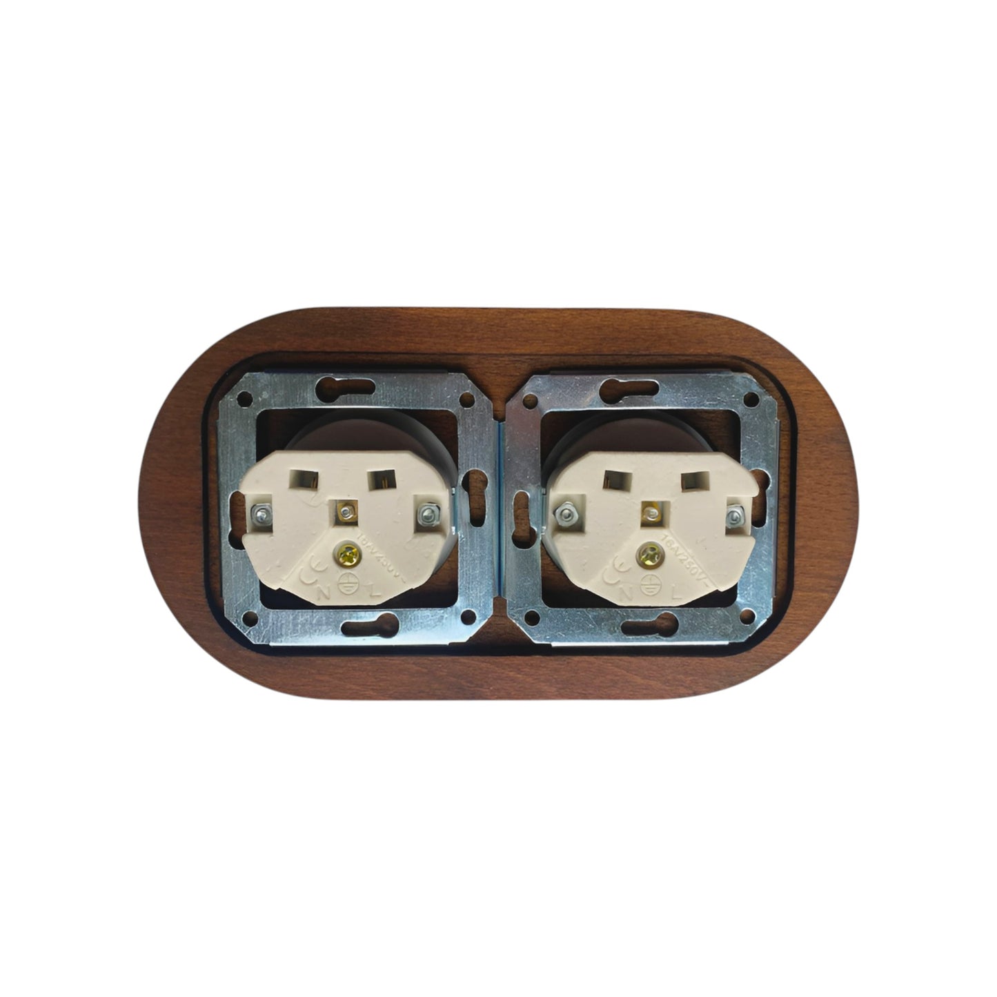 Wooden Frame Double French Power Socket Porcelain Loft Retro Electrical Flush-Mounting Vintage Cottage Ceramic Dark Brown With White