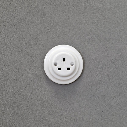 Power Socket Plug Porcelain UK 3 Prong Loft Retro Electrical Flush Mounted Vintage Cottage White Ceramic