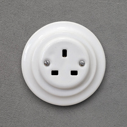 Power Socket Plug Porcelain UK 3 Prong Loft Retro Electrical Flush Mounted Vintage Cottage White Ceramic