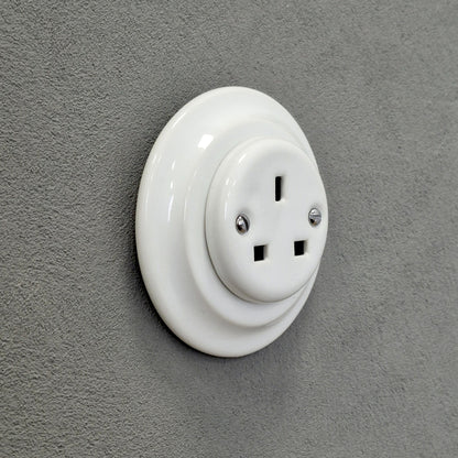 Power Socket Plug Porcelain UK 3 Prong Loft Retro Electrical Flush Mounted Vintage Cottage White Ceramic