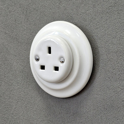 Power Socket Plug Porcelain UK 3 Prong Loft Retro Electrical Flush Mounted Vintage Cottage White Ceramic