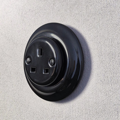 Power Socket Plug Porcelain UK 3 Prong Loft Retro Electrical Flush Mounted Vintage Cottage Black Ceramic