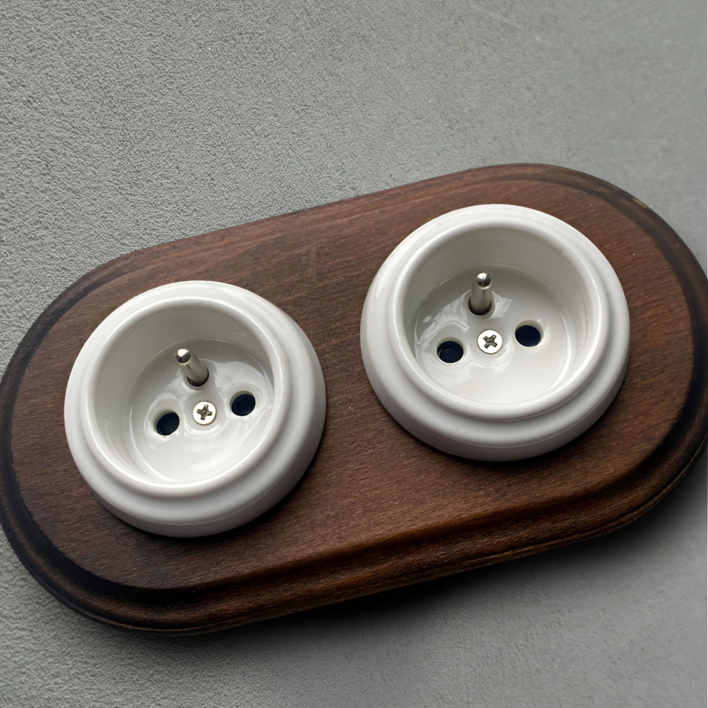 Wooden Frame Double French Power Socket Porcelain Loft Retro Electrical Flush-Mounting Vintage Cottage Ceramic Dark Brown With White