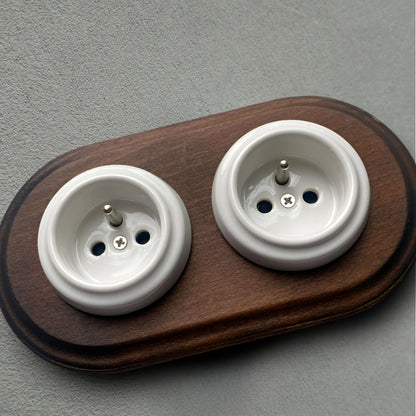 Wooden Frame Double French Power Socket Porcelain Loft Retro Electrical Flush-Mounting Vintage Cottage Ceramic Dark Brown With White