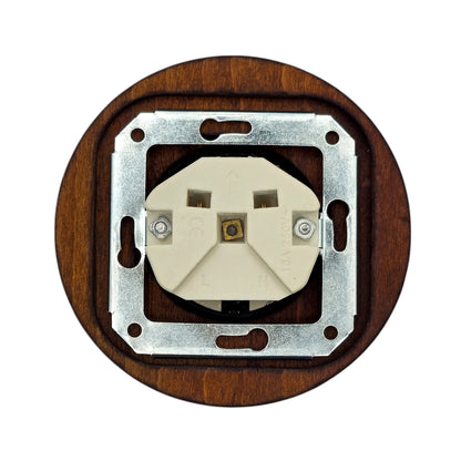 Single SCHUKO porcelain socket with dark wooden frame, white, flush-mounted, back view
