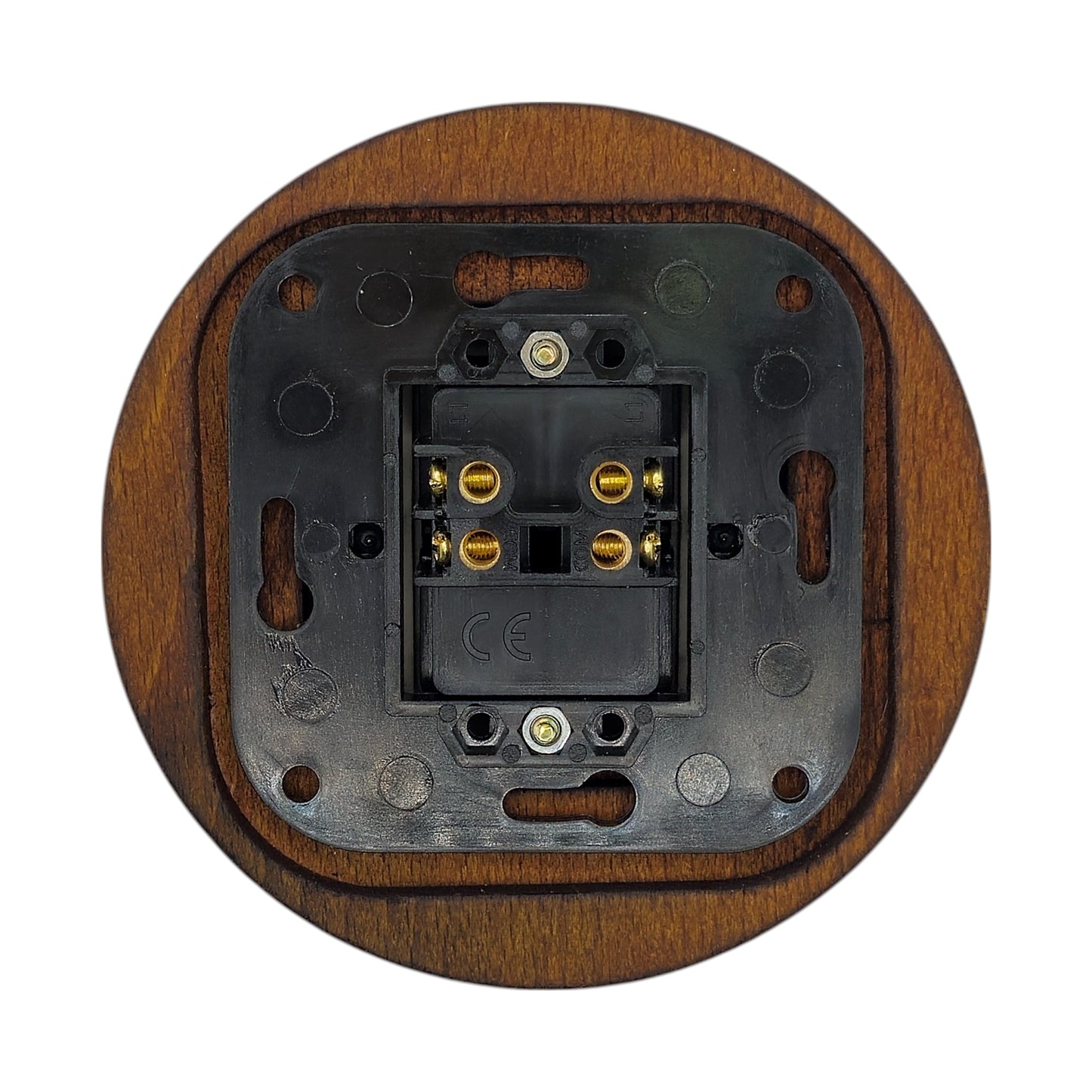 Retro Style Black Ceramic Two-Pole Push Button Switch Flush-Mounted Dark Wood Frame, D100mm