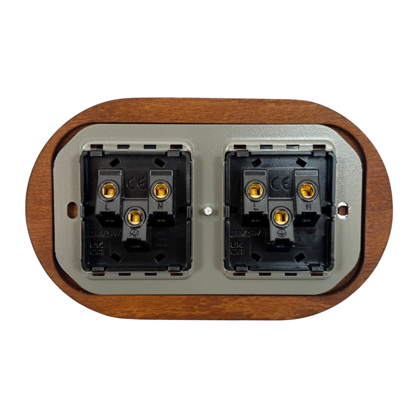 Double black porcelain UK Plug Socket with dark wood frame, flush-mounted, back