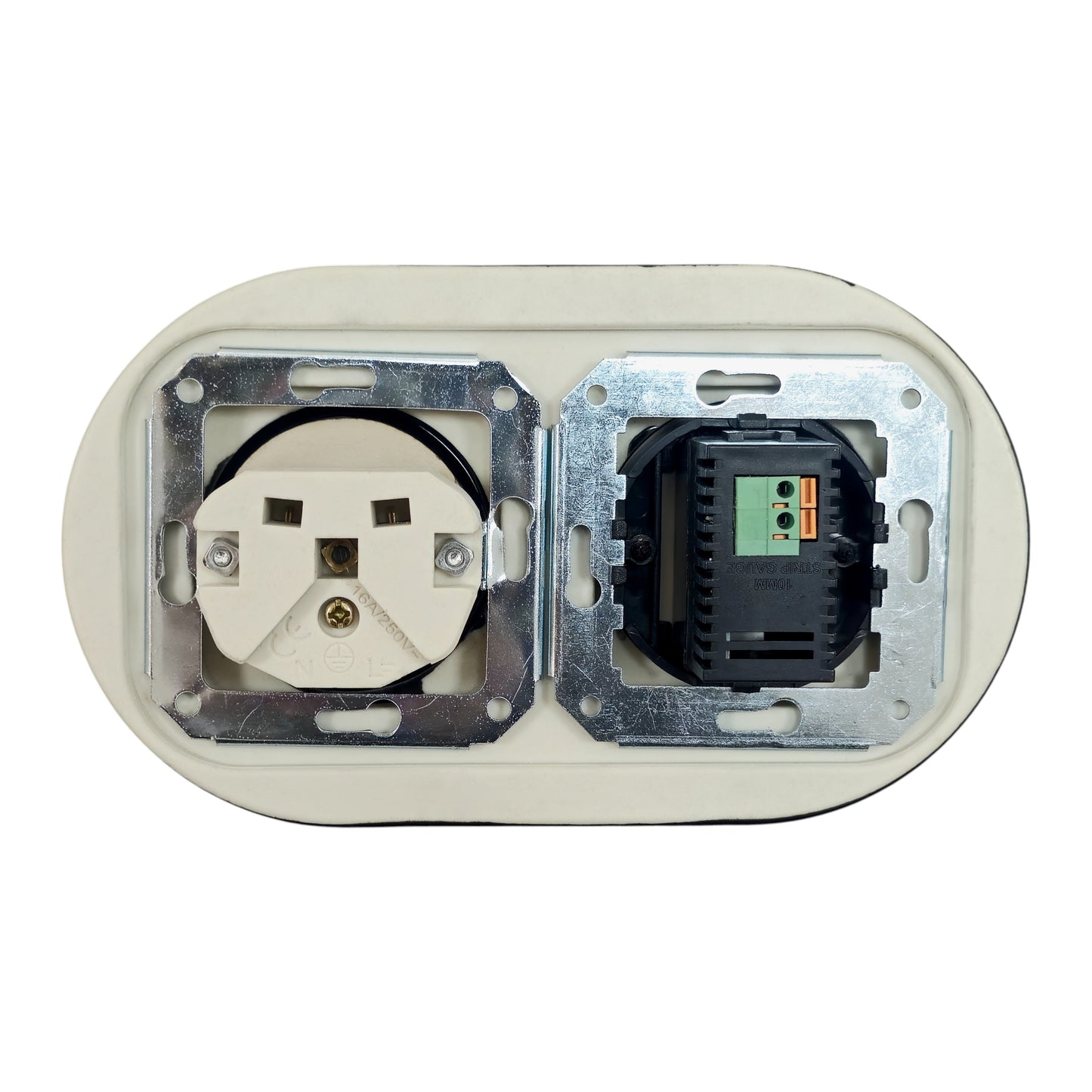 Black porcelain Type F socket with 2xUSB-A, flush-mount, back