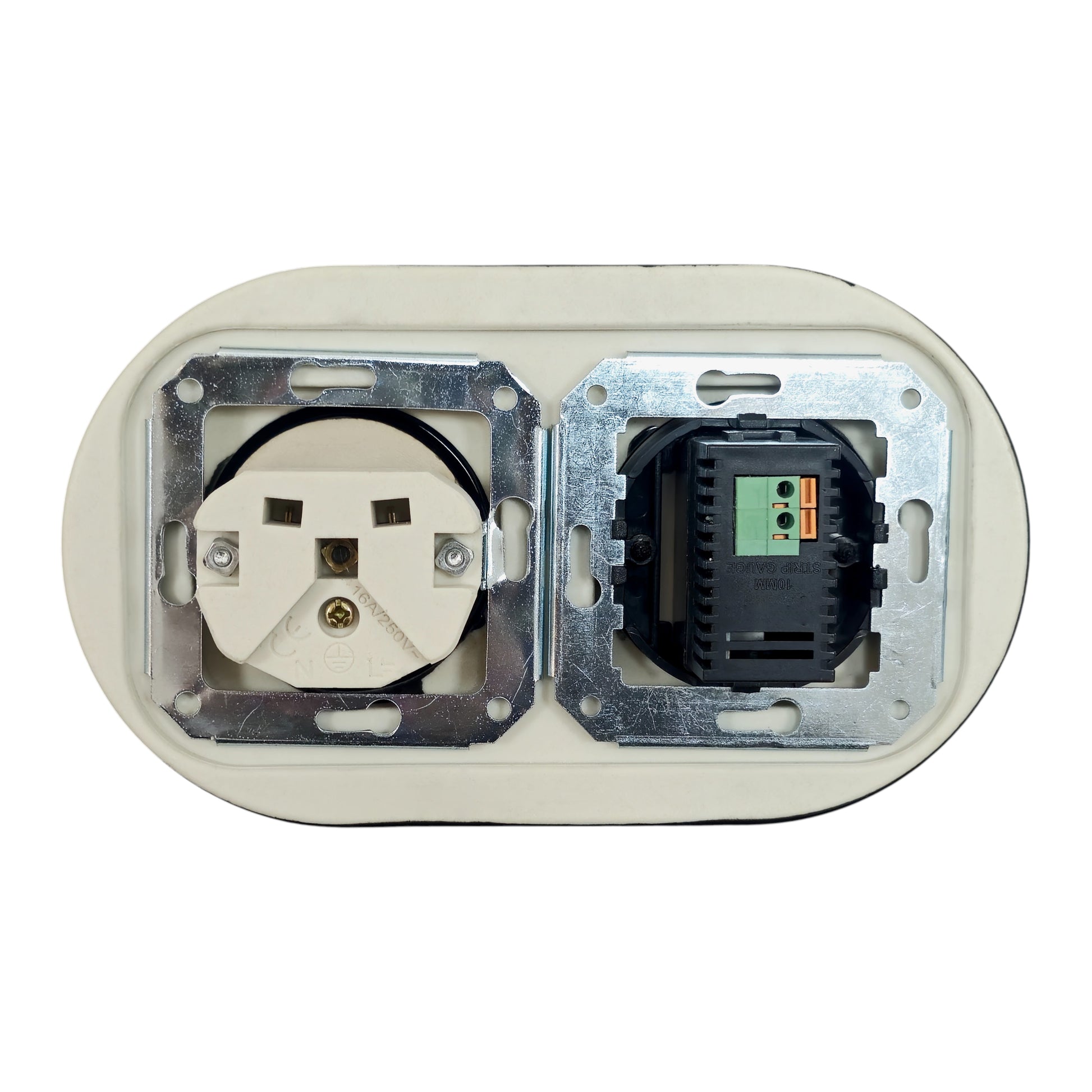 Black porcelain Type F socket with 2xUSB-A, flush-mount, back