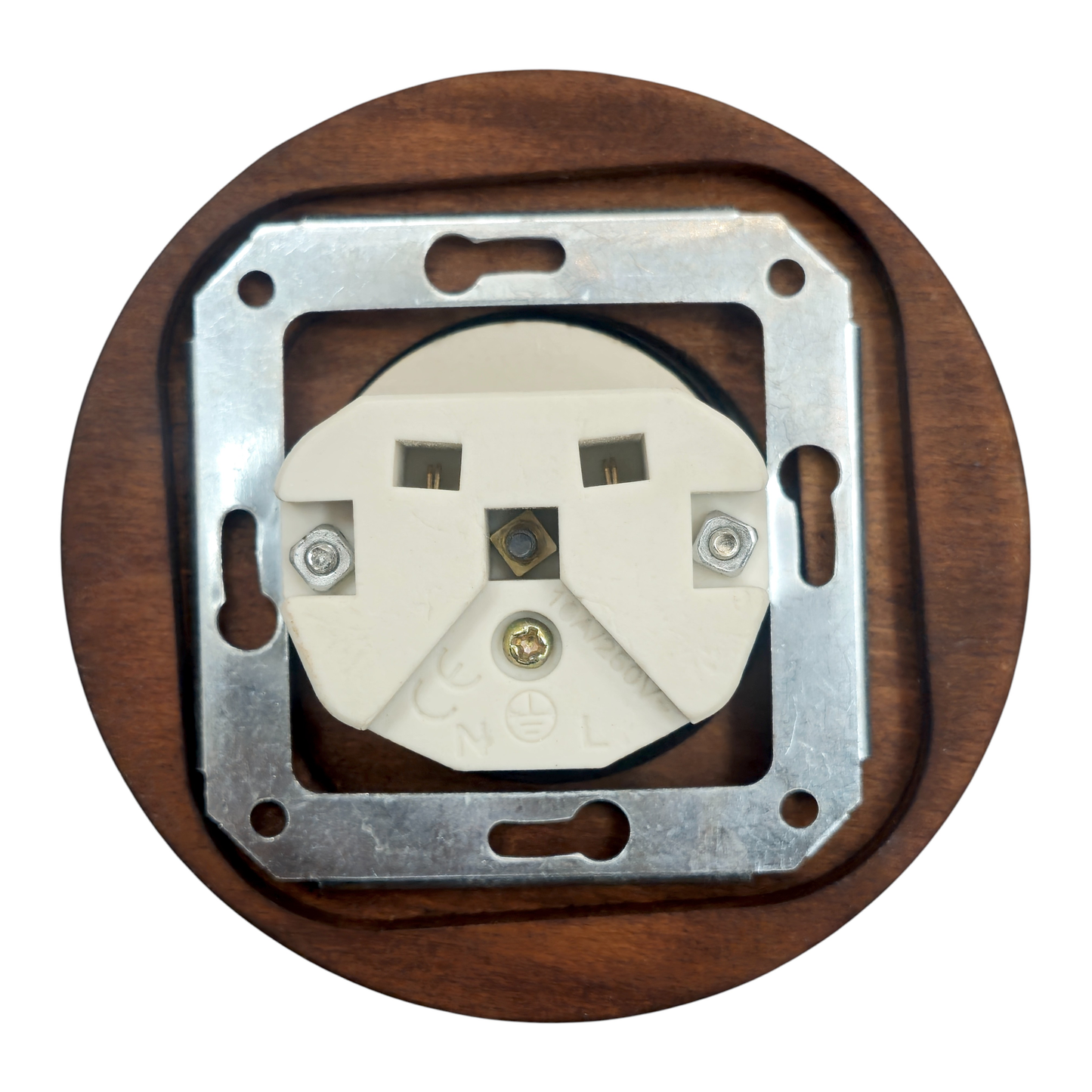 Single Type F porcelain socket with wood frame, black, flush-mounted, back