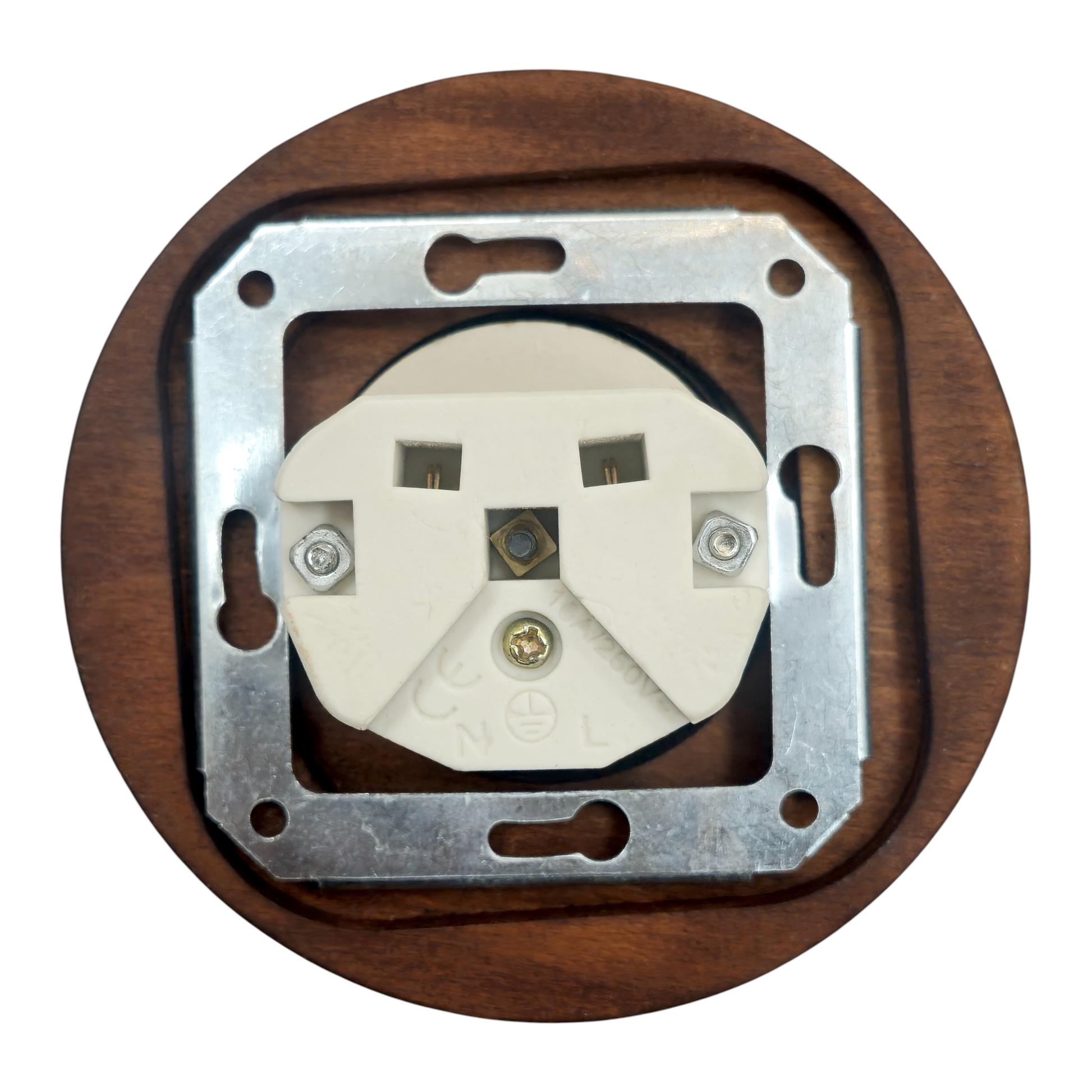 Single Type F porcelain socket with wood frame, black, flush-mounted, back