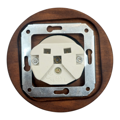 Single Type F porcelain socket with wood frame, black, flush-mounted, back