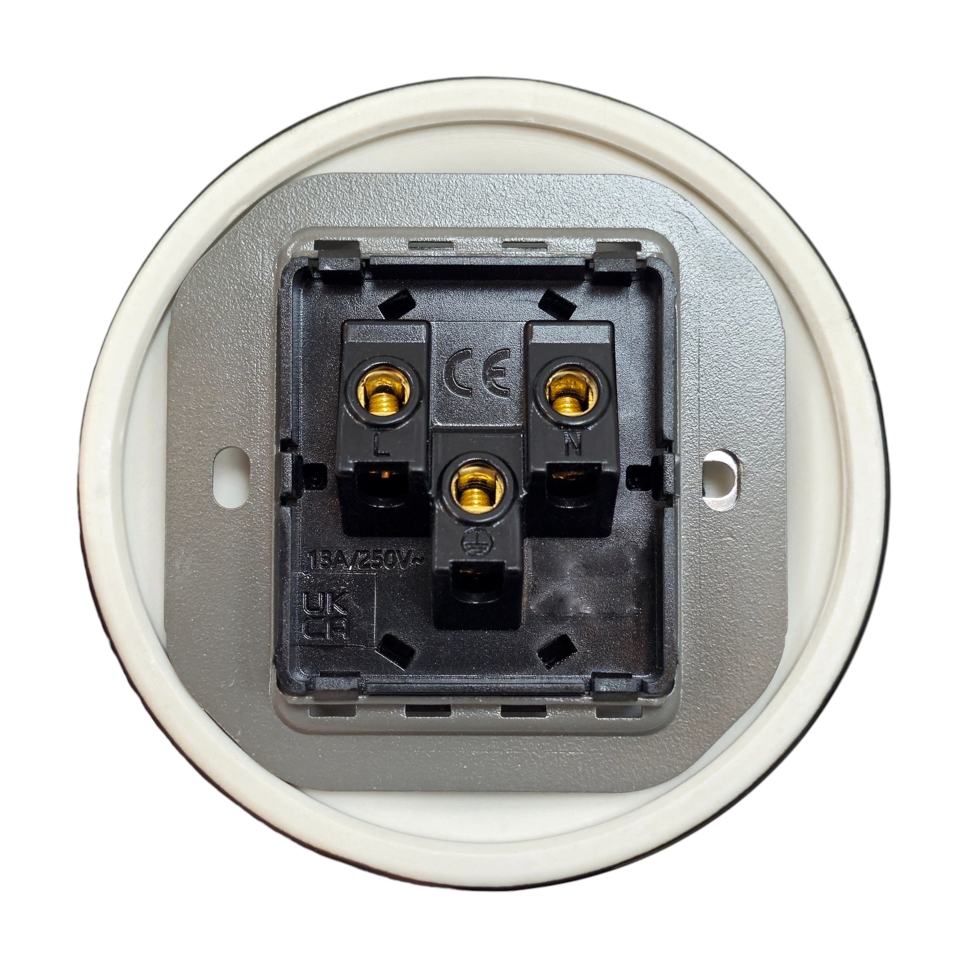 White porcelain UK Plug Socket, flush-mounted, back