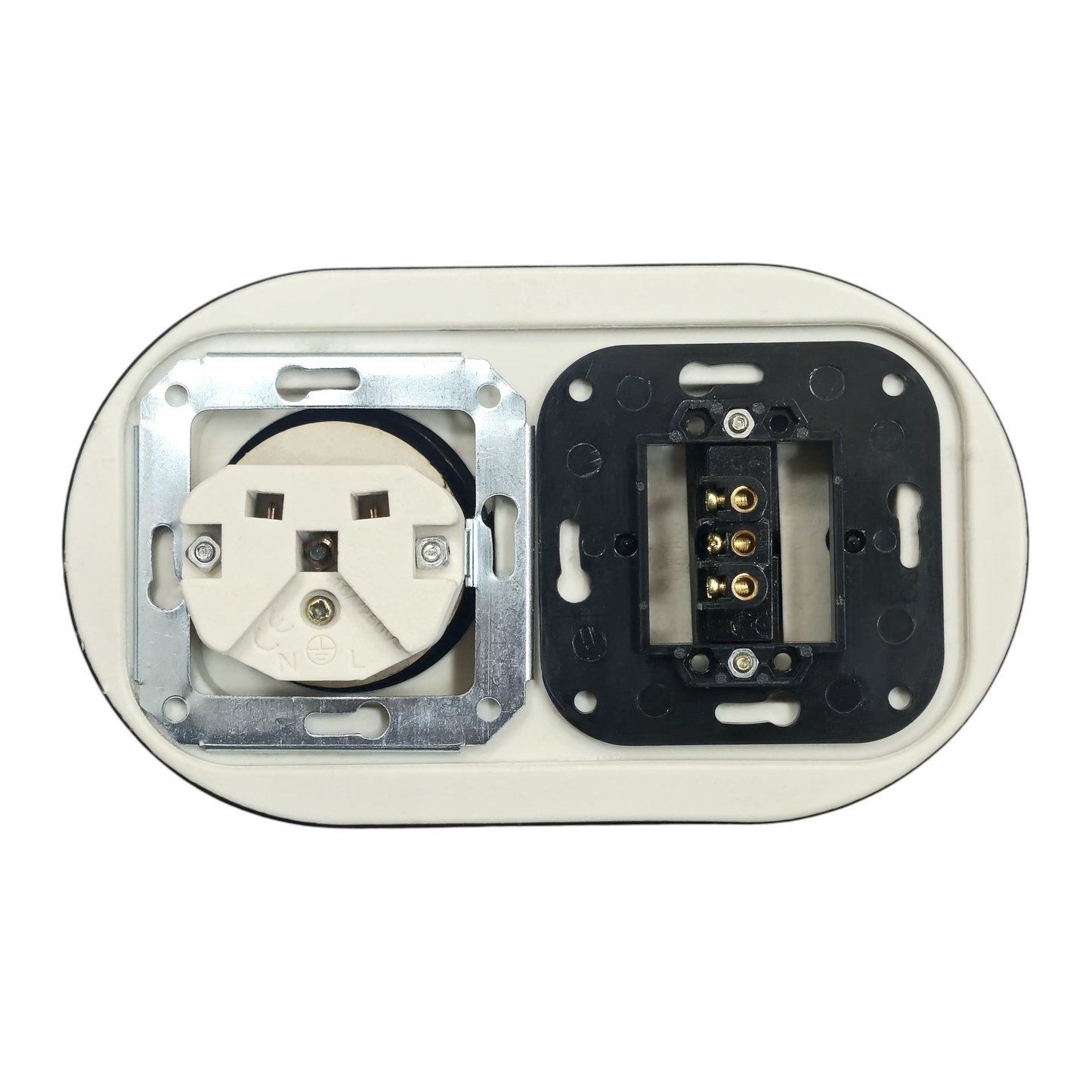 Black porcelain Type F socket with light switch, flush-mount, back