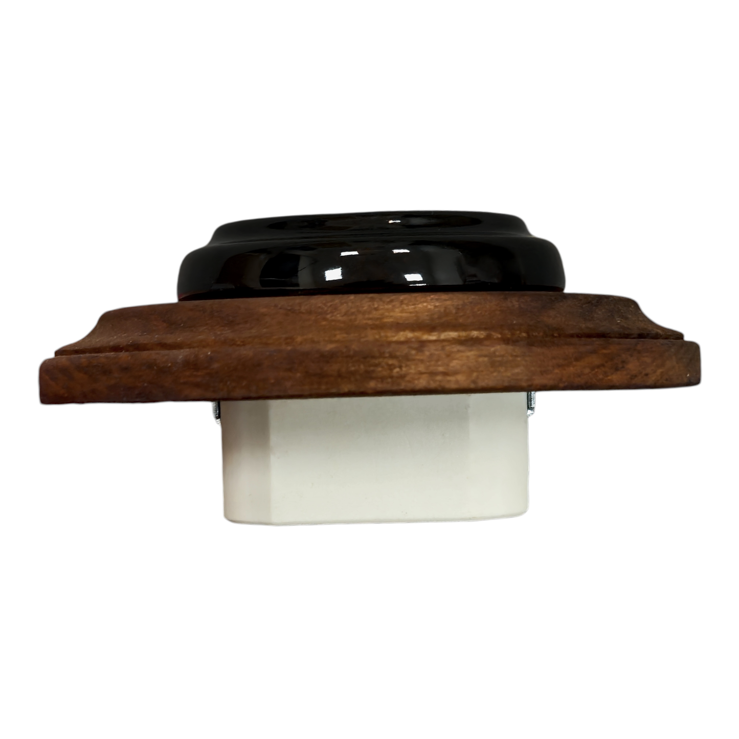 Single Type F porcelain socket with wood frame, black, flush-mounted, angled