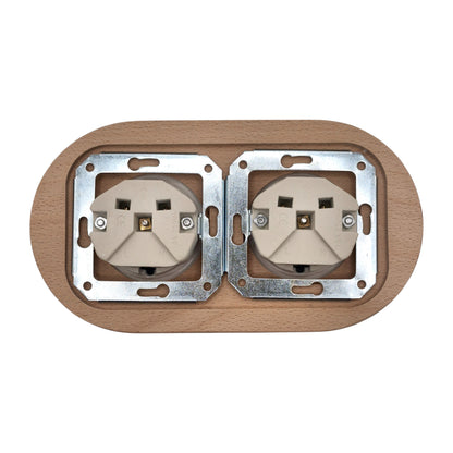 Double SCHUKO porcelain socket with wooden frame, white, flush-mounted, back view