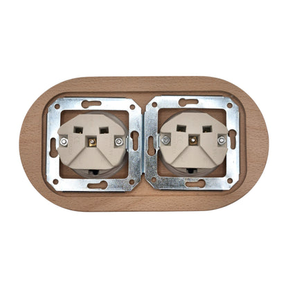 Retro Style White Ceramic German Schuko Socket – Retro Loft Style | Vintage Design, Flushed-Mounted, Natural Wood Frame