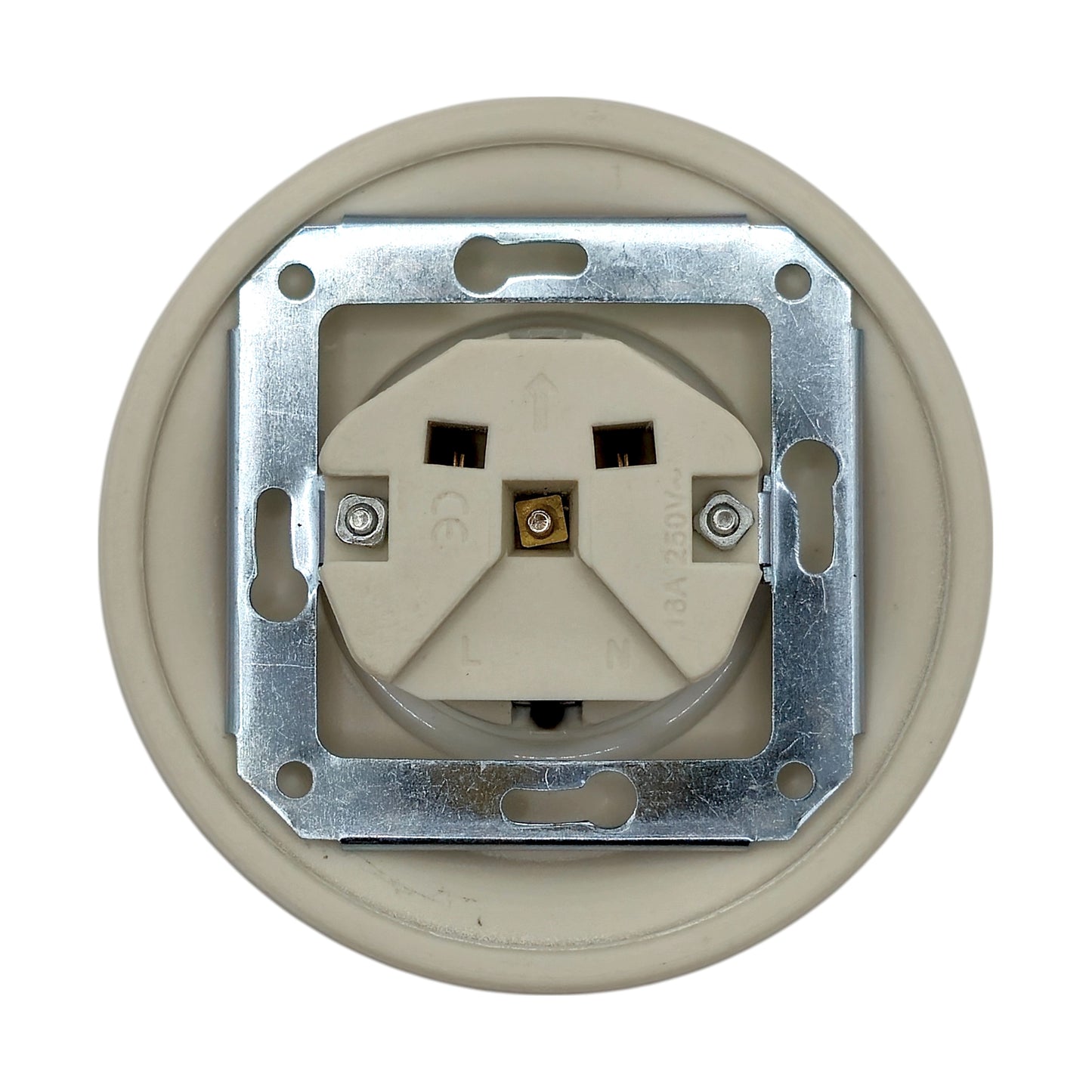 Single SCHUKO porcelain socket, white, flush-mounted, back view