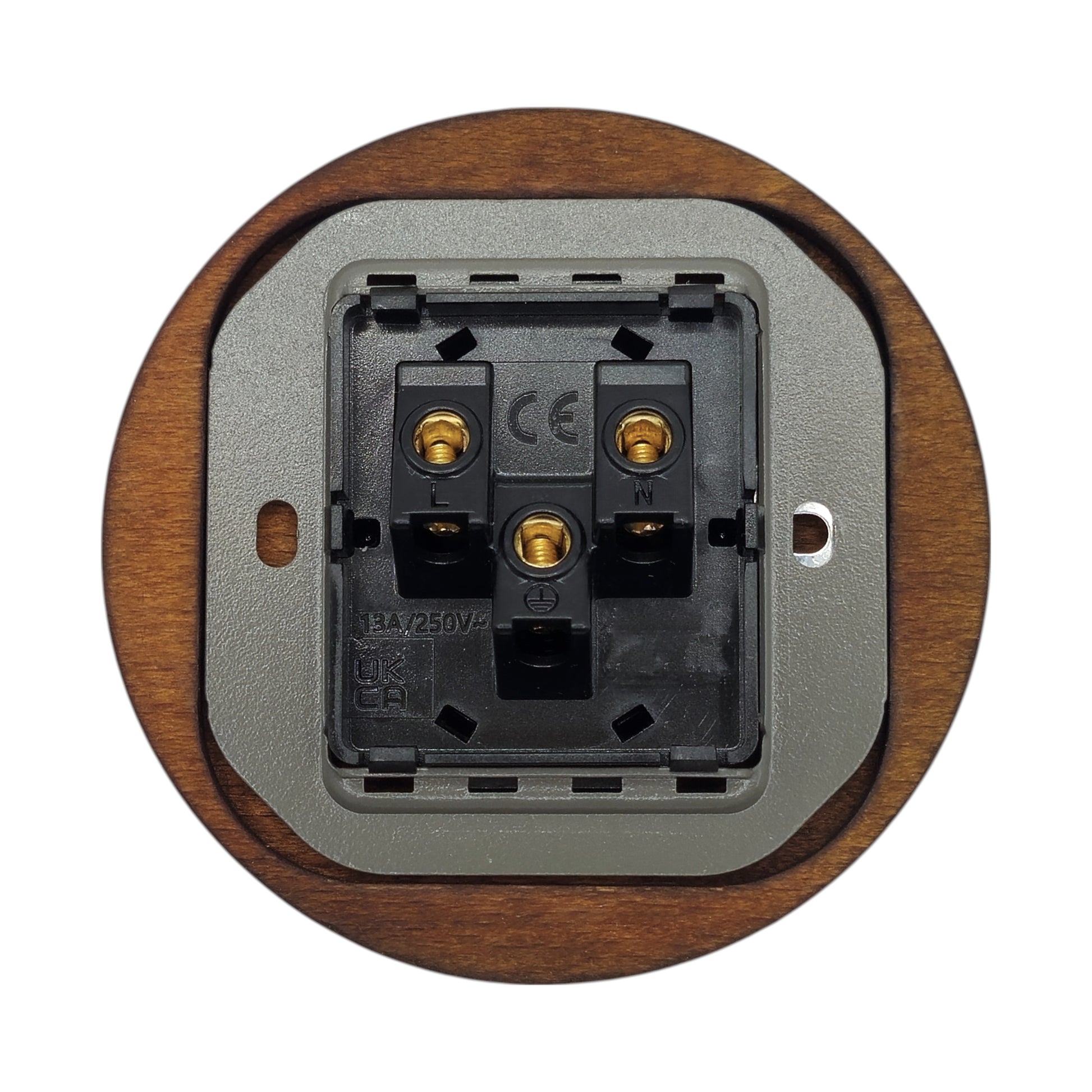 Black porcelain UK Plug Socket with dark wood frame, flush-mounted, back