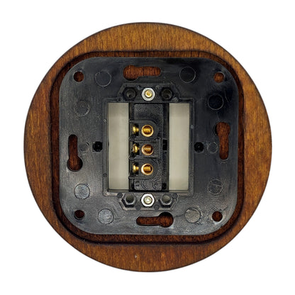 black porcelain 1gang2way light switch dark wood frame, flush-mount, back