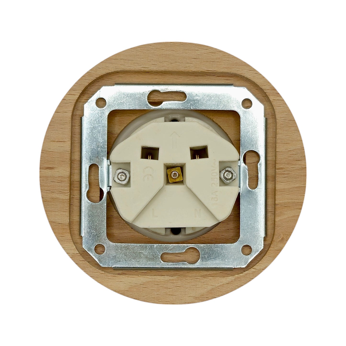 Single SCHUKO porcelain socket with wooden frame, white, flush-mounted, close-up detail