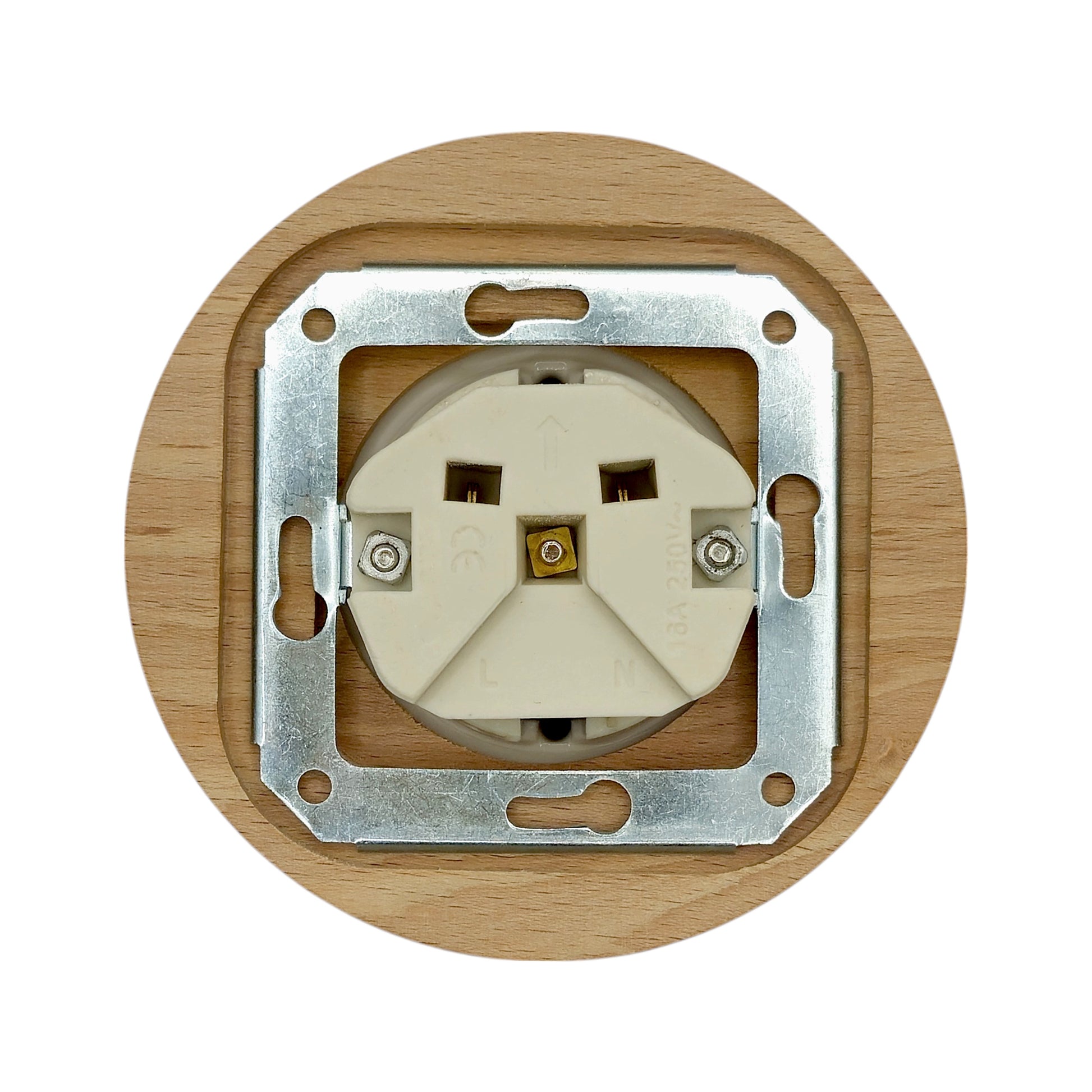 Single SCHUKO porcelain socket with wooden frame, white, flush-mounted, close-up detail