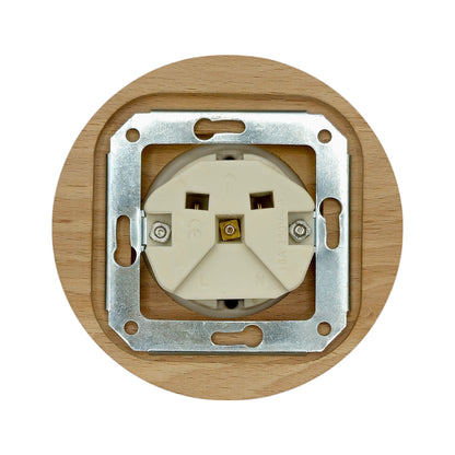 Single SCHUKO porcelain socket with wooden frame, white, flush-mounted, close-up detail