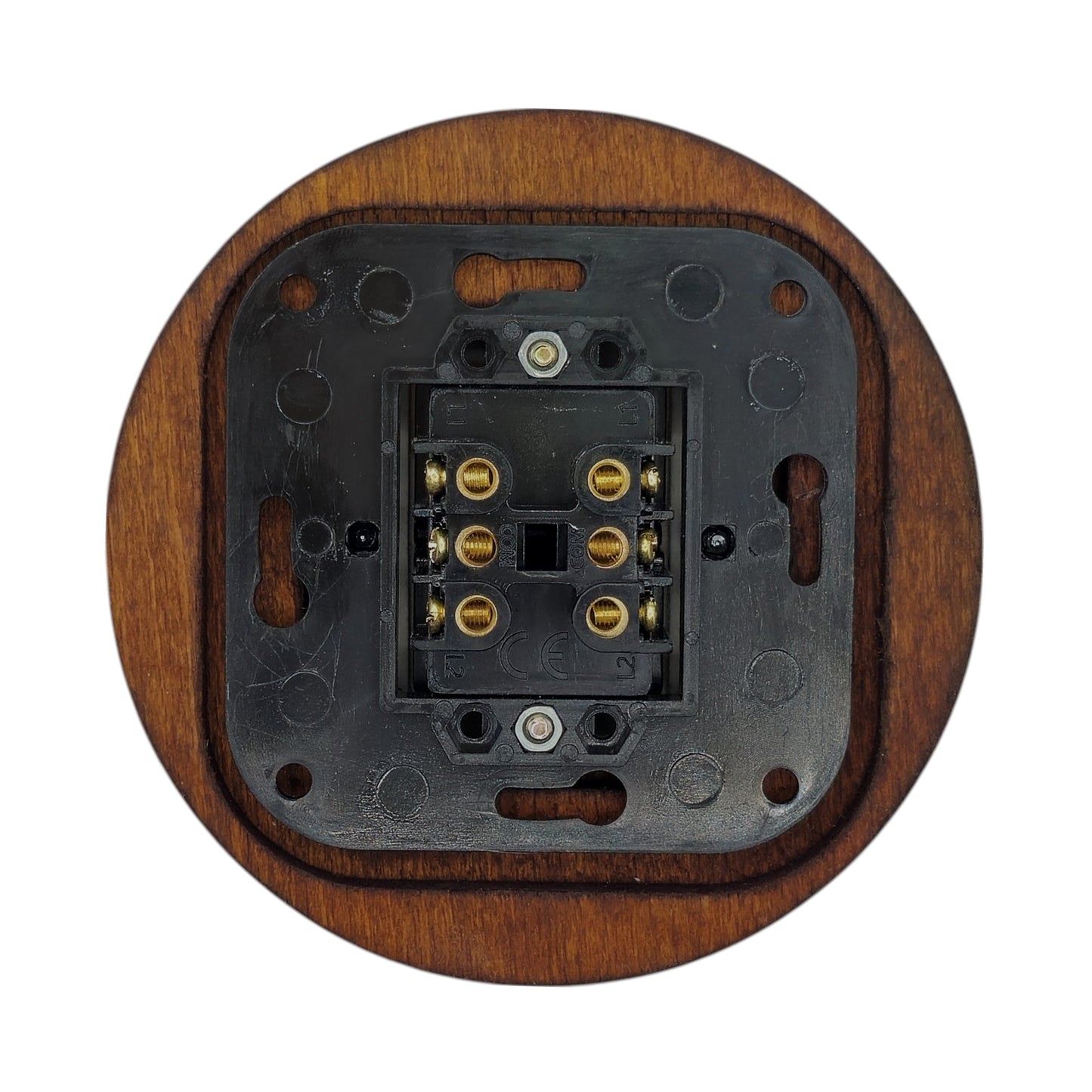 Retro Style White Ceramic Crossing Push Button Switch Flush-Mounted Dark Wood Frame, D100mm