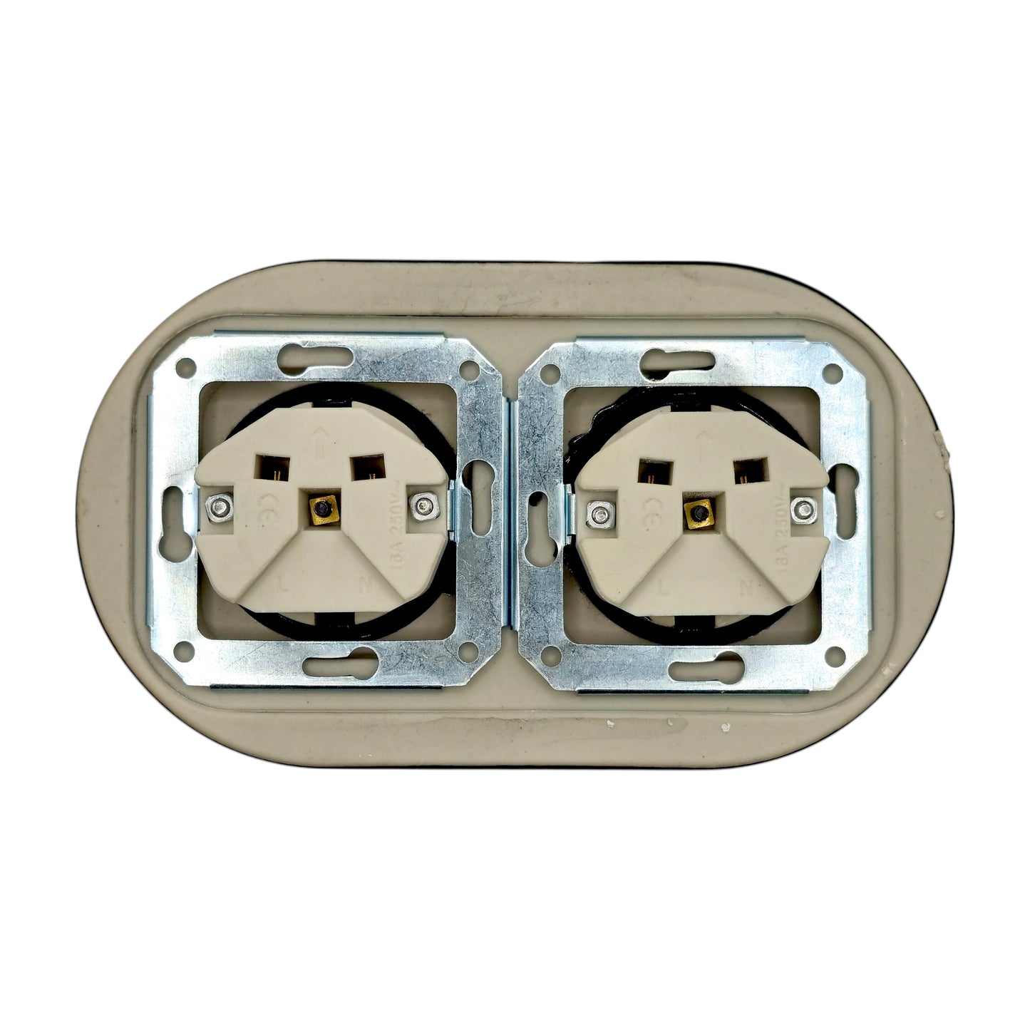 Double SCHUKO porcelain socket, black, flush-mounted, back view