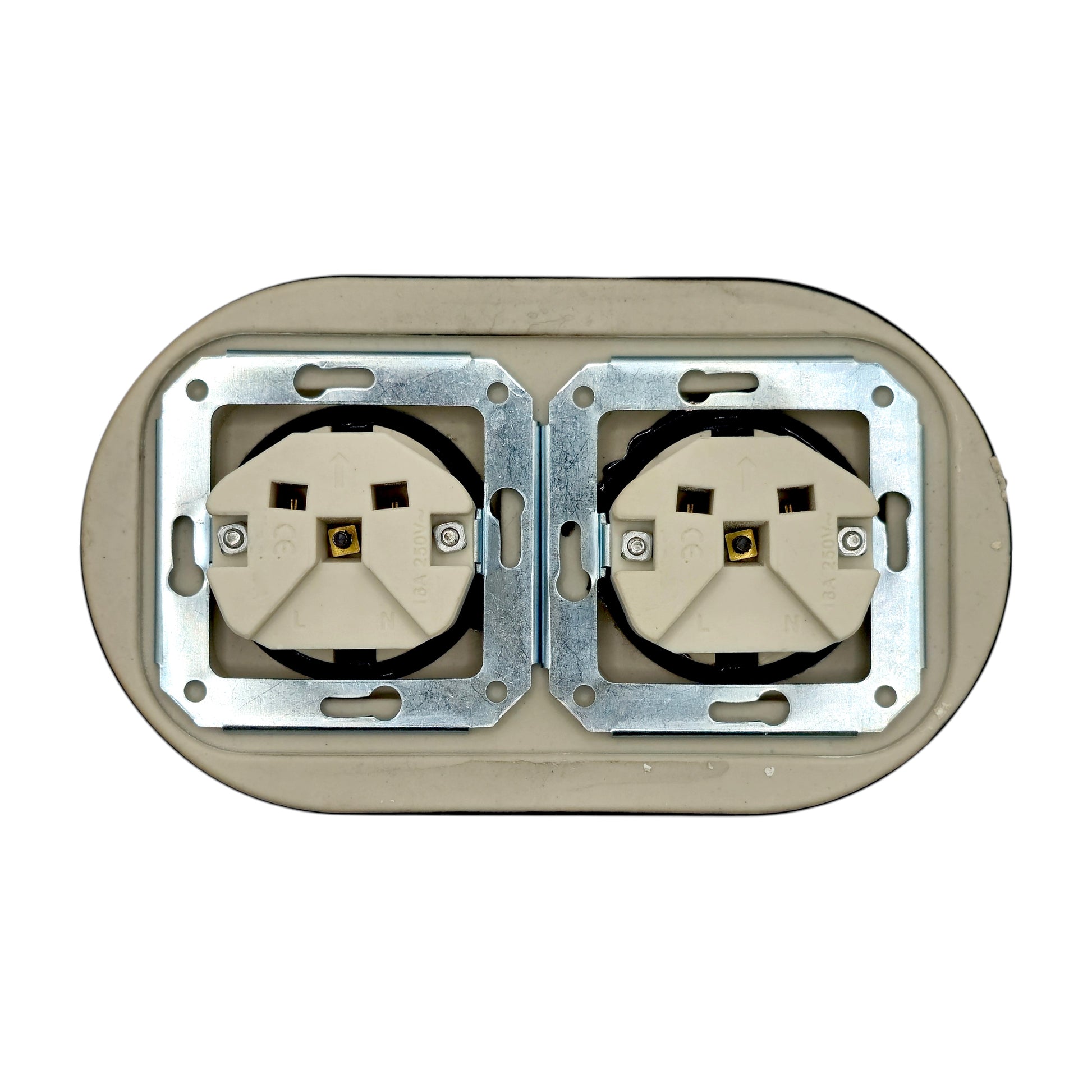 Double SCHUKO porcelain socket, black, flush-mounted, back view