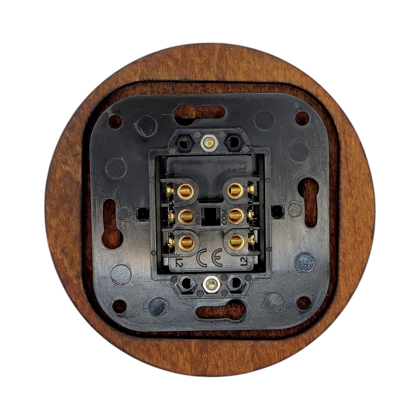 black porcelain 2gang2way light switch dark wood frame, flush-mount, back