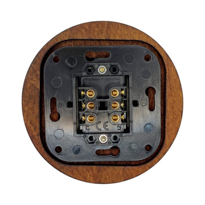 black porcelain 2gang2way light switch dark wood frame, flush-mount, back