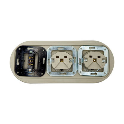 Double SCHUKO porcelain socket with light switch, white, flush-mounted, back view