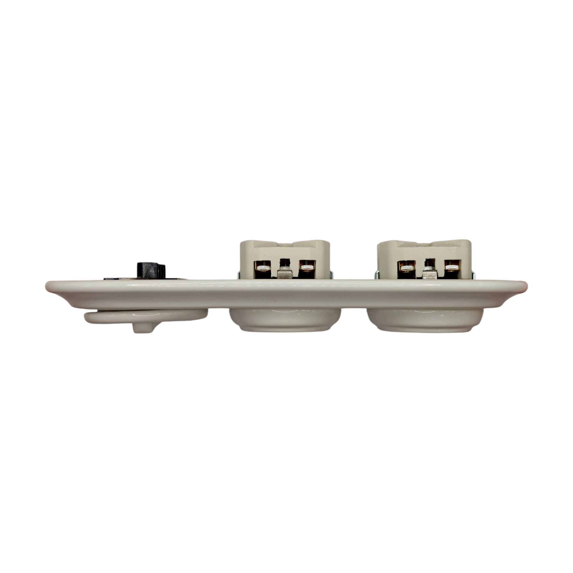 Double SCHUKO porcelain socket with light switch, white, flush-mounted, angled view